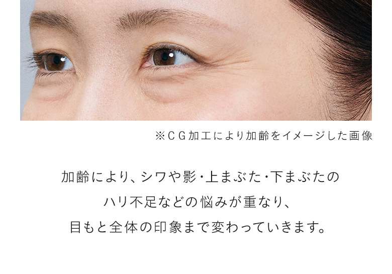 加齢により、シワや影・上まぶた・下まぶたのハリ不足などの悩みが重なり、目もと全体の印象まで変わっていきます。