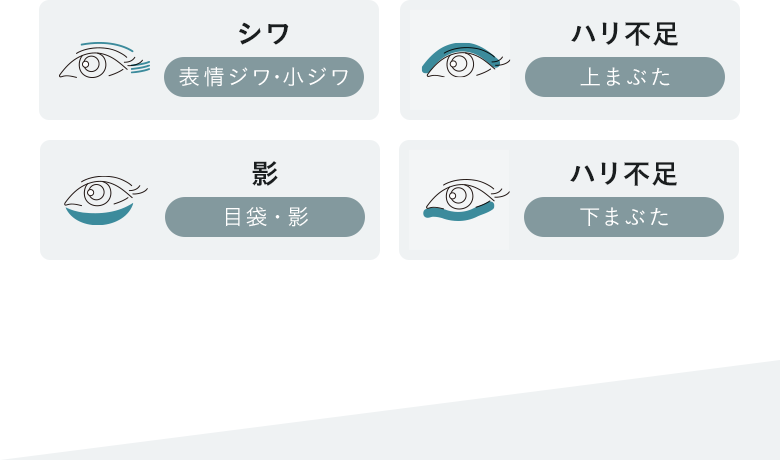 【シワ】表情ジワ・小ジワ 【ハリ不足】上まぶた 【影】目袋・影 【ハリ不足】下まぶた
