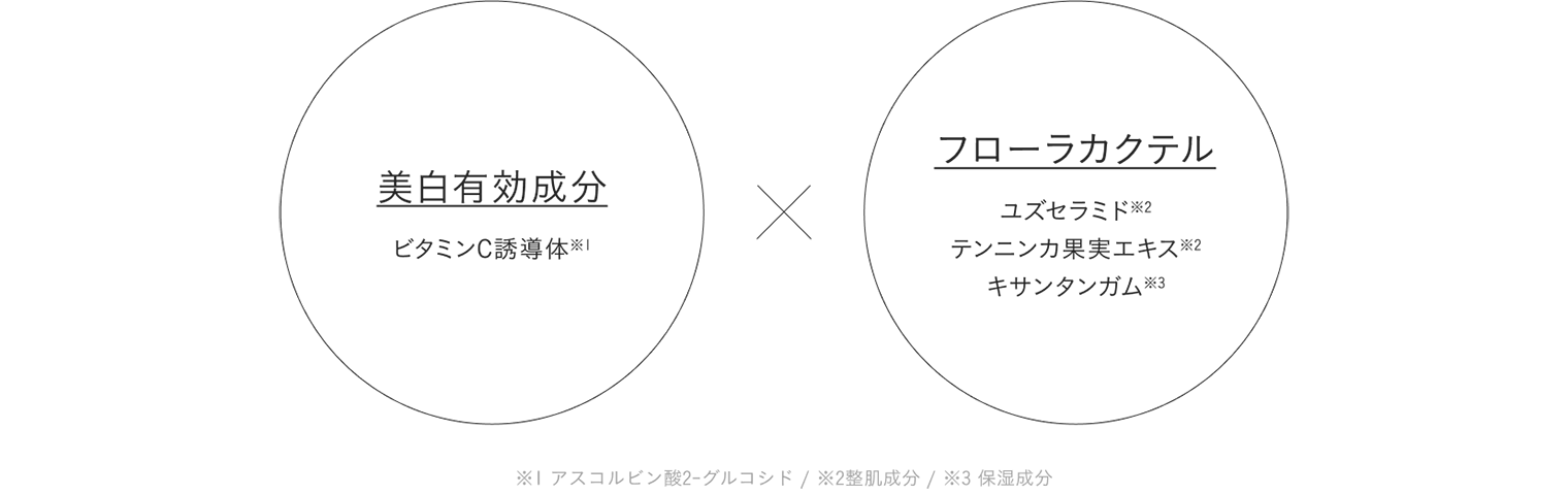 美白有効成分 ビタミンC誘導体※1 フローラカクテル ユズセラミド※2 テンニンカ果実エキス※2 キサンタンガム※3 ※1 アスコルビン酸2-グルコシド ※2整肌成分 ※3 保湿成分