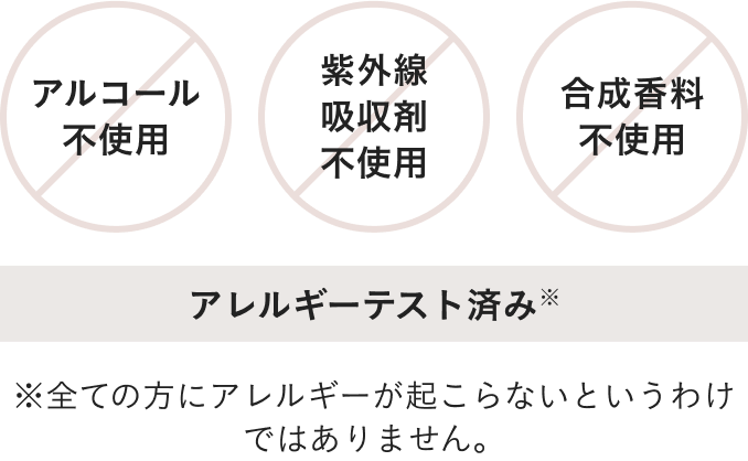 アルコール不使用 紫外線吸収剤不使用 合成香料不使用 アレルギーテスト済み※全ての方にアレルギーが起こらないというわけではありません。