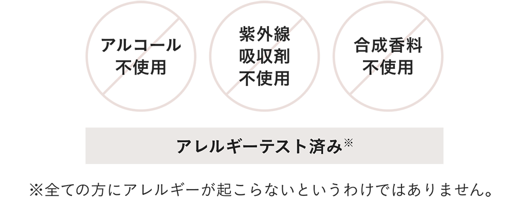 アルコール不使用 紫外線吸収剤不使用 合成香料不使用 アレルギーテスト済み※全ての方にアレルギーが起こらないというわけではありません。