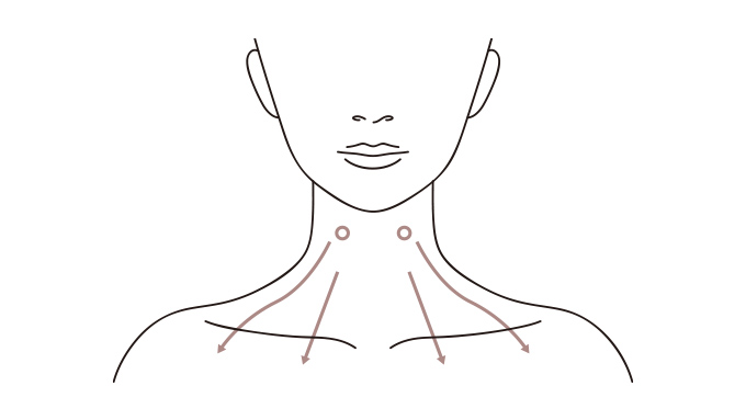 大きめのパール1粒位を手にとり、首の2ヵ所に分けてのせ、胸元に向かって均一にのばします。