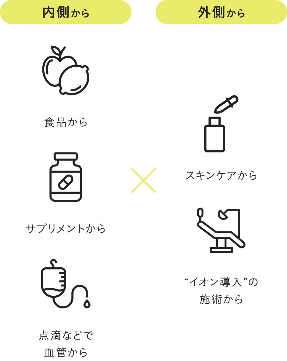 内側から：食品・サプリメント・点滴などで血管から　外側から：スキンケア・“イオン導入”の施術から