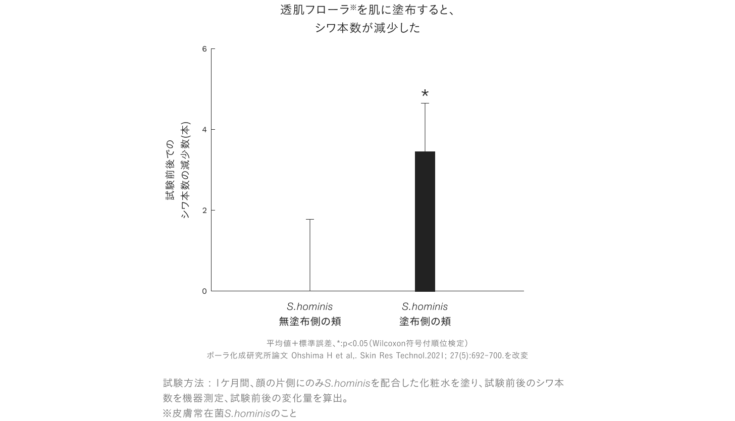 透肌フローラ※（S.hominis）を肌に塗布すると、シワ本数が減少した