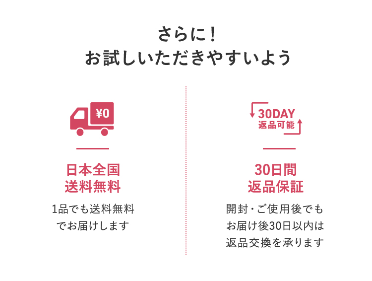 さらに！お試しいただきやすいよう 日本全国送料無料 30日間返品保証 支払い手数料無料