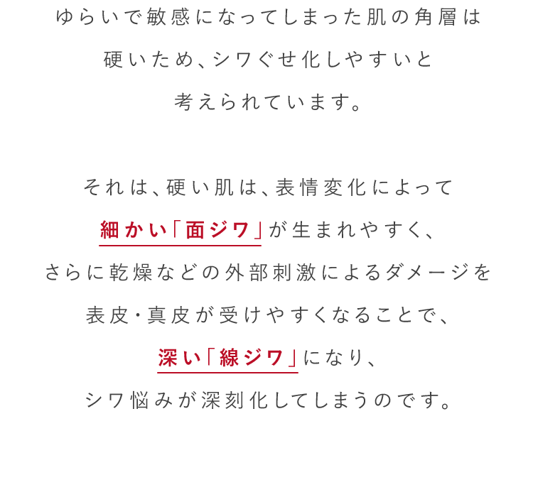 ゆらいで敏感になってしまった肌の角層は硬いため、シワぐせ化しやすいと考えられています。それは、硬い肌は、表情変化によって細かい「面ジワ」が生まれやすく、さらに乾燥などの外部刺激によるダメージを表皮・真皮が受けやすくなることで、深い「線ジワ」になり、シワ悩みが深刻化してしまうのです。