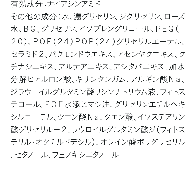 有効成分：ナイアシンアミド その他の成分：水、濃グリセリン、ジグリセリン、ローズ水、ＢＧ、グリセリン、イソプレングリコール、ＰＥＧ（１２０）、ＰＯＥ（２４）ＰＯＰ（２４）グリセリルエーテル、セラミド２、バクモンドウエキス、アセンヤクエキス、クチナシエキス、アルテアエキス、アシタバエキス、加水分解ヒアルロン酸、キサンタンガム、アルギン酸Ｎａ、ジラウロイルグルタミン酸リシンナトリウム液、フィトステロール、ＰＯＥ水添ヒマシ油、グリセリンエチルヘキシルエーテル、クエン酸Ｎａ、クエン酸、イソステアリン酸グリセリル－２、ラウロイルグルタミン酸ジ（フィトステリル・オクチルドデシル）、オレイン酸ポリグリセリル、セタノール、フェノキシエタノール