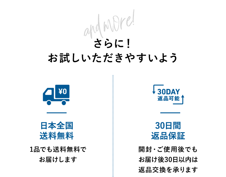 さらに！お試しいただきやすいよう 日本全国送料無料 30日間返品保証 支払い手数料無料