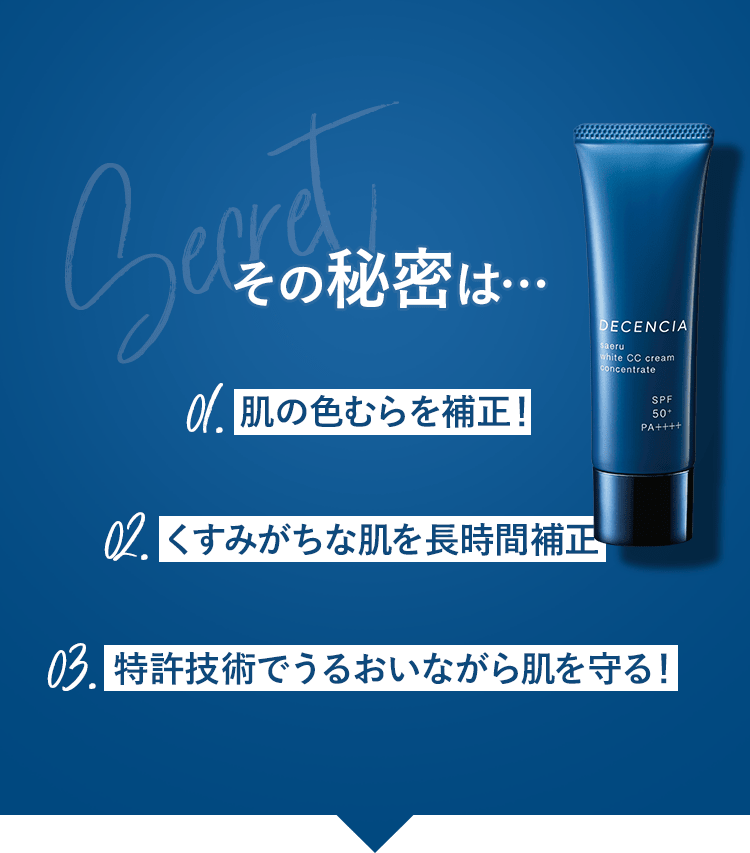 その秘密は… 1:肌の色むらを補正！ 2:くすみがちな肌を長時間補正 3:特許技術でうるおいながら肌を守る！